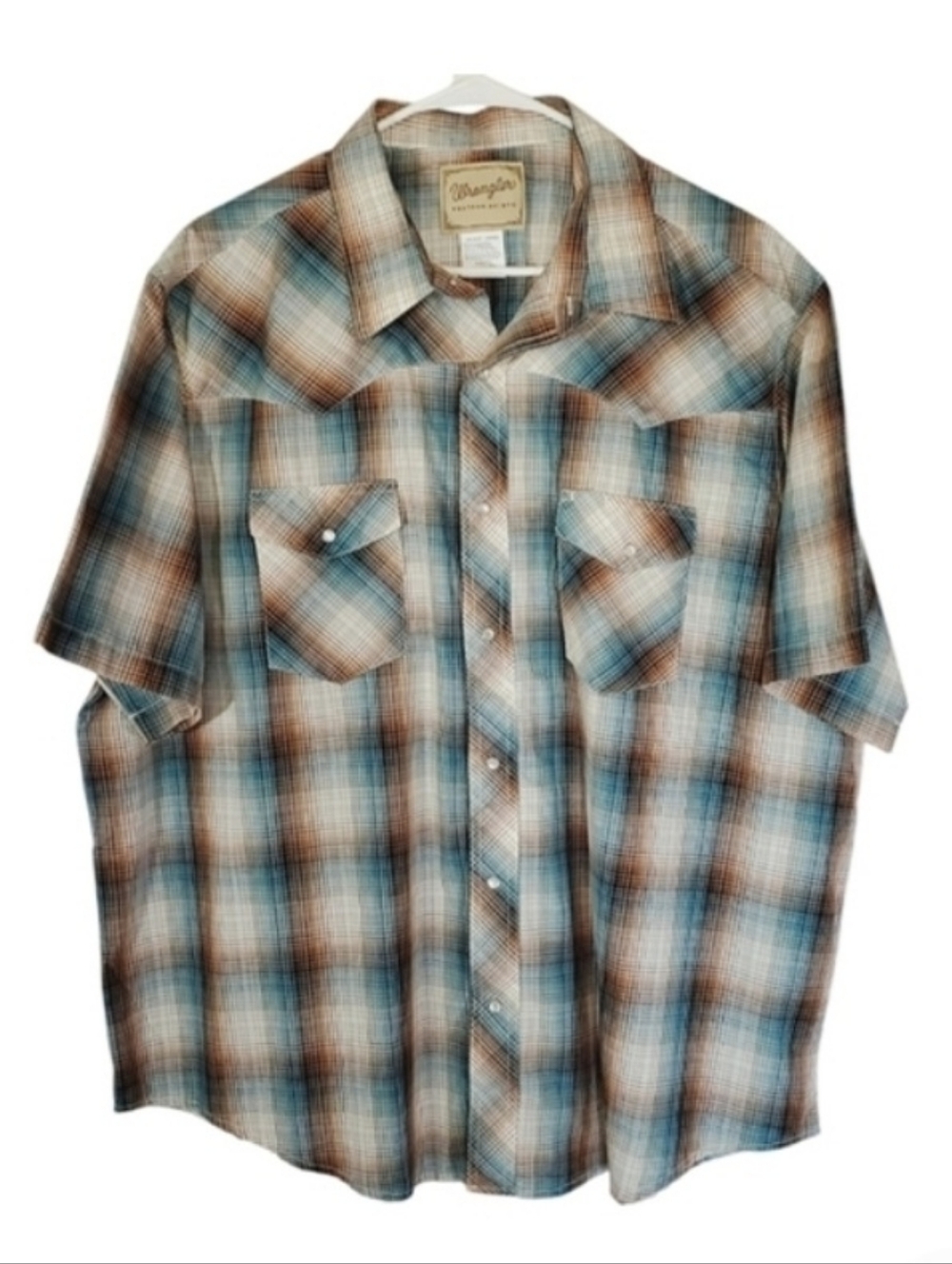 1529 * Wrangler Western Pearl Snap Button Down Brown Blue Size 2XL